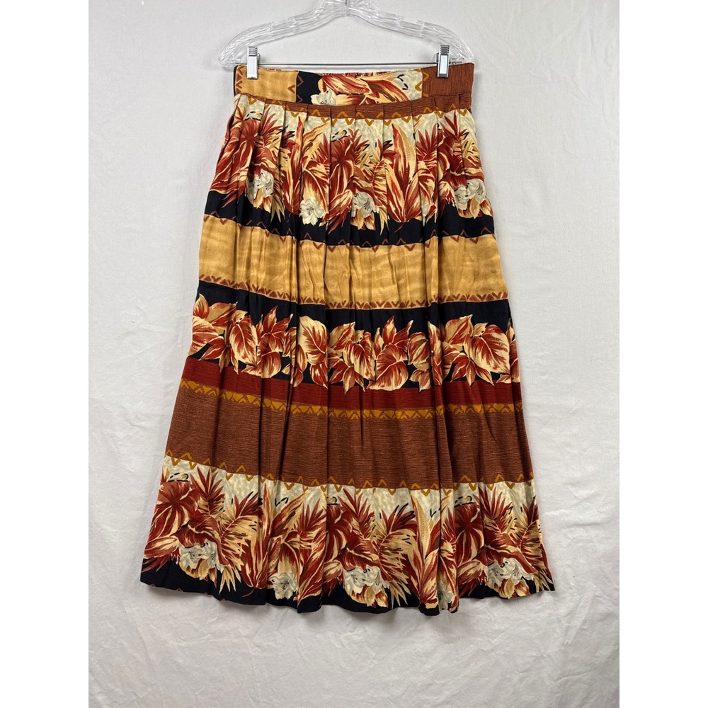 Cascais Midi Skirt Womens XL Brown Tropical Hawaiian Floral Rayon Pleated USA